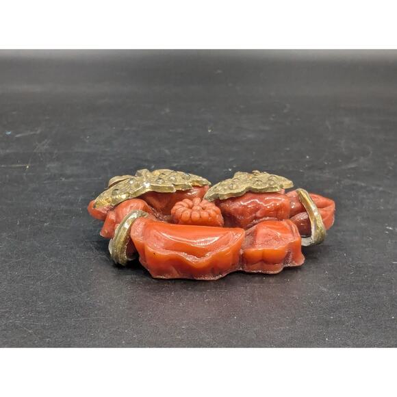 Antique Gold Tone Red Carved Celluloid Flower Brooch Pin - Picture 5 of 11